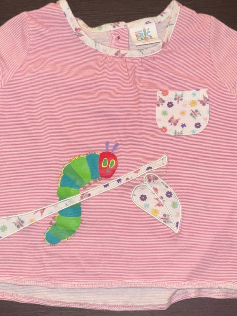 Striped Pink Long-Sleeve Tee with Caterpillar Appliqué